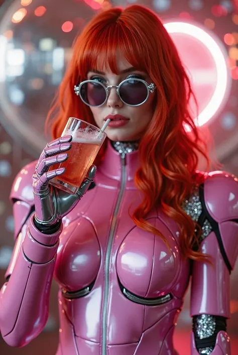 redhead woman,with a pink robotic iron suit with silver,wearing metallic silver glasses, background of a disco all shiny,she drinking drinks and smoking,background of a mirrored crystal ball ,full body