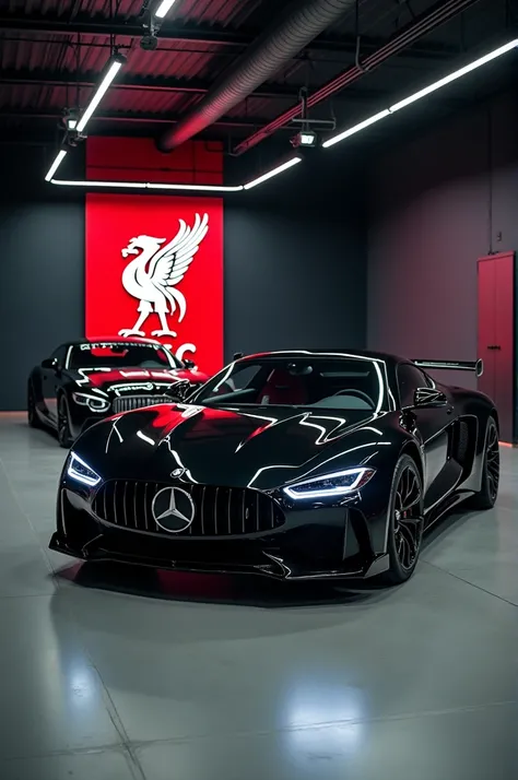  take a photo where in a big and beautiful garage there are a black BMW and a black Mercedes and behind them there is a Liverpool logo and the cars should be fully visible to the viewer