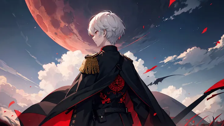 Painting from behind、The back is depicted。Red moon background、Red night sky background、White Hair、Short Hair、He is wearing a black military uniform and a black cape with red embroidery.。Wearing a red and black atmosphere。I can&#39;t see your face。A dignifi...