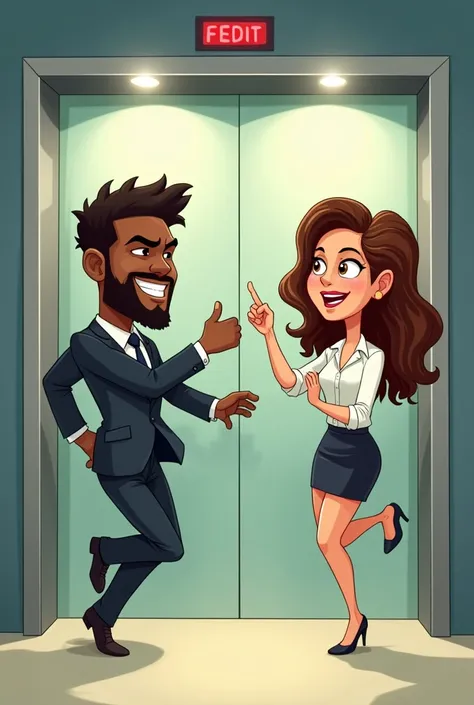 Draw a cartoon-style scene with a man with chocolate brown skin, strong, with a thin beard and very short hair, wearing formal clothes, running furiously after a woman with long, wavy brown hair, expressive brown eyes, also wearing formal clothes. She is i...