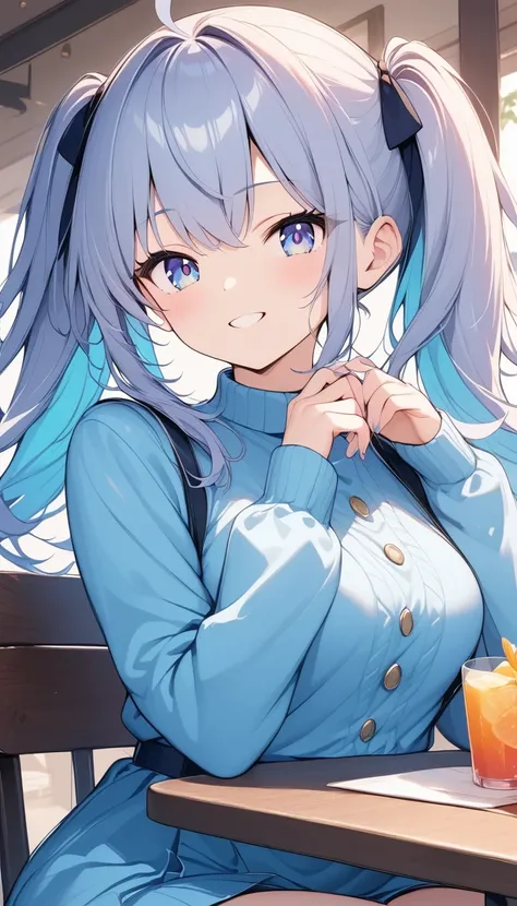 1girl、Gray Hair、Blue and white eyes、Twin tails、Light Blue Sweater(Uniform)、cute、girl、smile、Sit in a cafe and drink