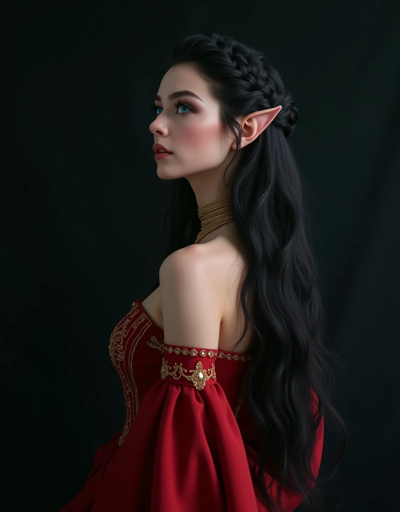 ELVE FEMALE (TOLKIEN) , NORSE BEAUTY, SWEEDISH WOMAN, FULL BODY IMAGE , STUDIO IMAGE STYLE, BLACK INFINITE BACKGROUND, DIFFUSED LIGHTS ON FACE, BACK LIGHTS ON HAIR, LUMINOUS HAIR, CLOSE FACE SHOT, BLACK LONG HAIR, HUGE STRAIGHT LONG HAIR, BRAID HAIR STYLE,...