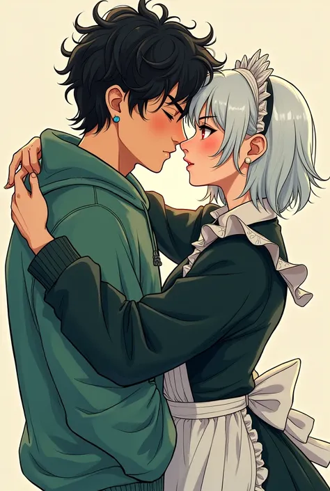 Girl with short white bob cut hair, white skin, red eyes and maid clothes hugging a man with curly black hair wearing a green sweatshirt. Manga style



