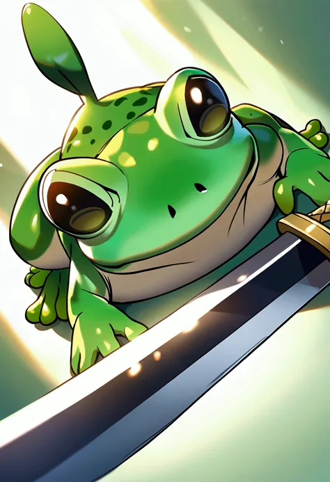 Green frog with a sword and a thinking way 