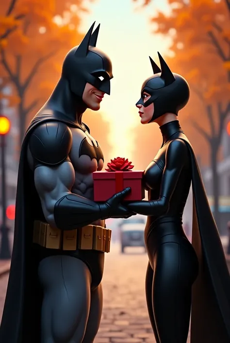 A smiling Batman in a black suit holds a red gift box with a bow while facing Catwoman, who wears a sleek black costume. They stand on a picturesque street lined with trees showcasing autumn colors, creating a vibrant backdrop. The atmosphere is playful an...