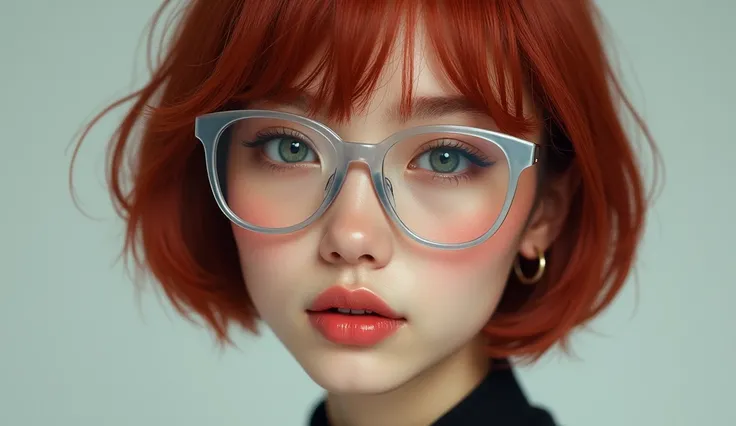 A dark red haired young swedish-korean girl wearing transparent modern glasses, short bob hair, real life