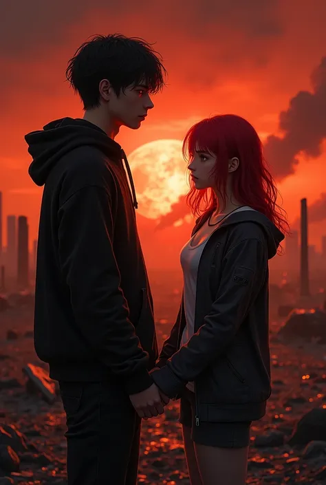 
**Description of the scene:**

In a landscape devastated by a nuclear explosion, The sky is dyed a deep red, illuminated by a radiant glow on the horizon. in the center, the protagonist, a young man with dark hair, He is wearing a black hoodie. His expres...