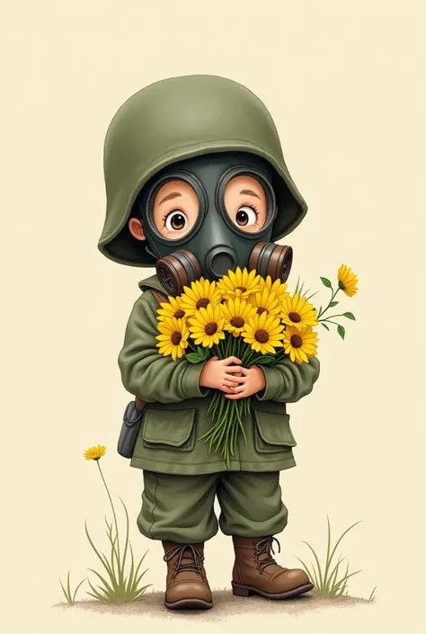 Create a drawing for me of an adorable soldier with yellow flowers in his hands and cover his face with a gas mask so that his eyes cannot be seen.