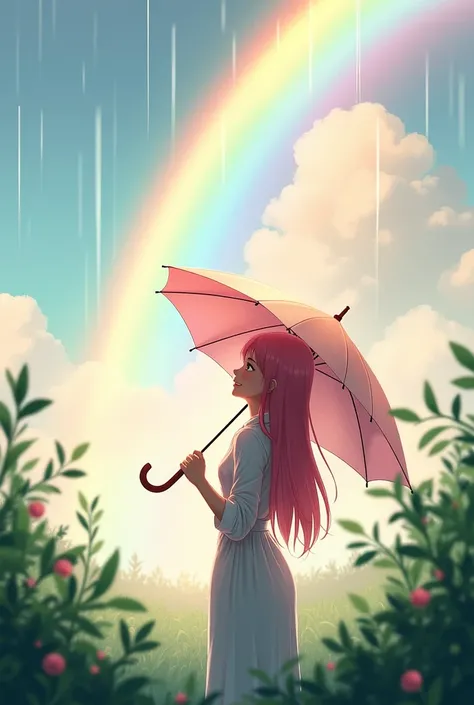 Rainbow after the rain、Close your umbrella、
A woman with pink hair looking up、
Hair is straight long、Smile gently
