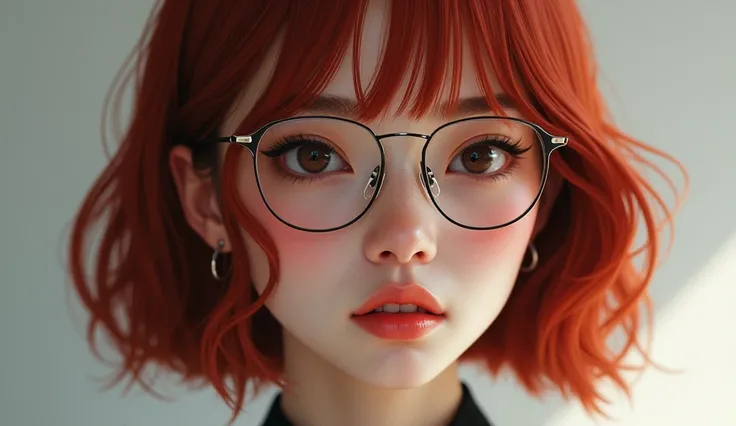 A dark red haired young swedish-korean girl wearing almost invisible modern glasses, short bob hair, real life