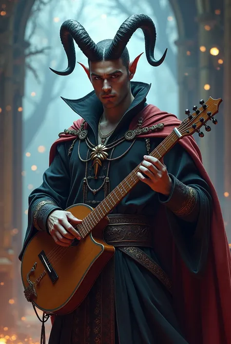 Homem tiefling, bonito, bardo