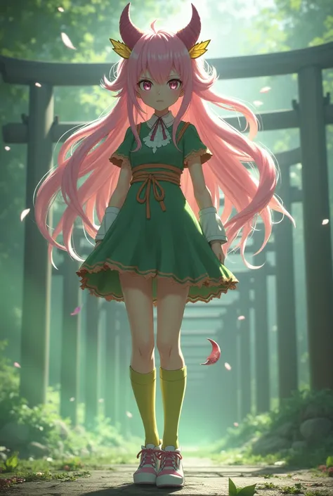 Love Pillar、Live-action version of Mitsuri Kanroji&#39;s transformation into a demon　Pink hair with yellow-green tips、Wearing yellow-green knee-high socks、Wearing pink sandals