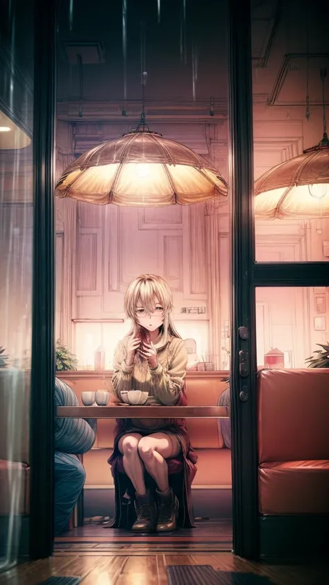 anime-style cozy café in the city, with warm lighting, soft music playing in the background, and a gentle rain falling outside the window, relaxing and full of quiet charm."