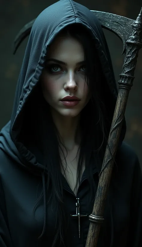 A sensual female grim reaper, dark dramatic lighting, dramatic chiaroscuro lighting, beautiful detailed eyes, beautiful detailed lips, extremely detailed face, long eyelashes, hooded cloak, scythe, dark gothic atmosphere, dramatic shadows, rich colors, cin...