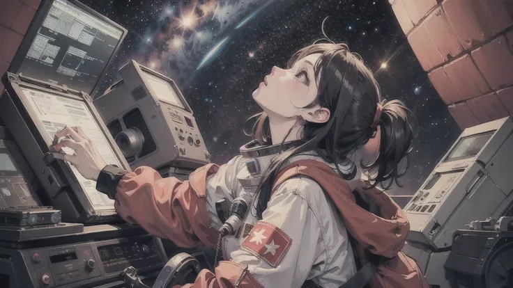 universe space、A beautiful woman is looking up into space、Cool vibe、Dressed in a red space suit、There is an old cassette radio nearby.、There&#39;s a spaceship nearby、You can see colorful planets