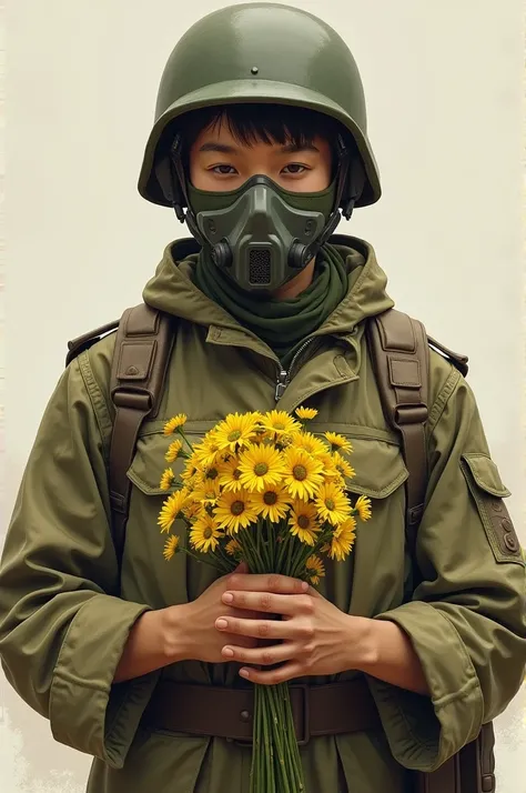 Create me a drawing of an adorable soldier with yellow flowers in his hand and a mask covering his face