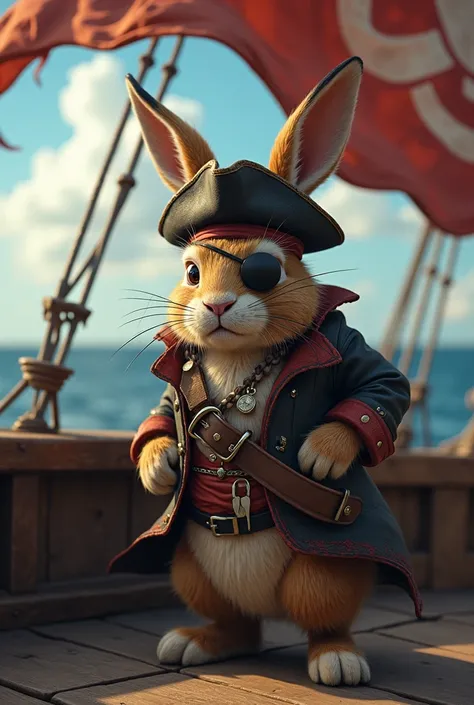 Pirate Rabbit, very bad mood, he wears an eye patch and a hat he is moving in the scene and on his ship there is a pirate flag 