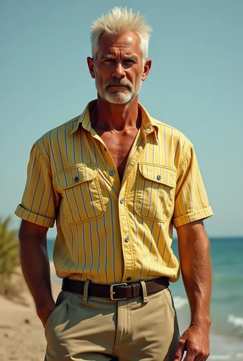 Man with short spiky platinum hair and tanned skin wearing a light yellow striped shirt, and fisherman&#39;s pants as high as his shin, realistic image. 