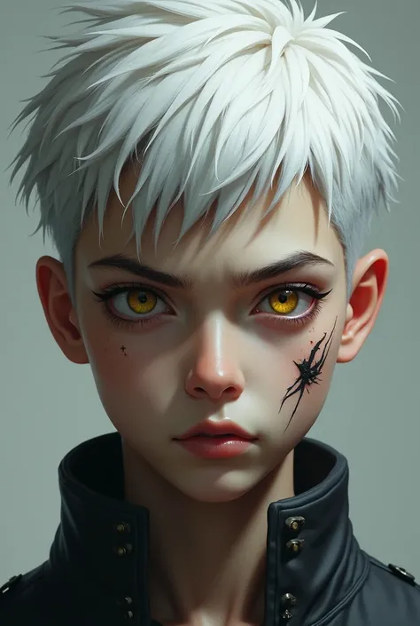 A realistic teenage boy with white cropped hair, yellow eyes. White eyelashes, sharp eyebrows and sharp jawline with a jagged scar across his cheek.