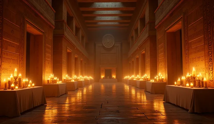 Empty banquet hall at night in Egyptian palace in Ancient Egypt. Walls with colorful hieroglyphics from Egypt. Very lit by candles.