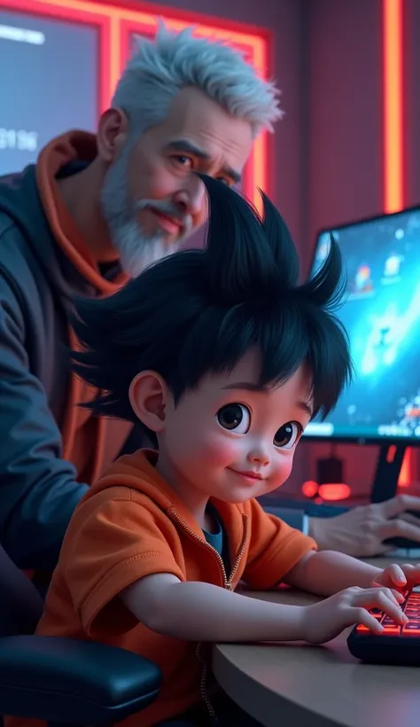 (masterpiece, The best quality), (complex light), 1 child, Alone, goku , black eyes, smile, Sitting in front of the computer playing games, Background in the e-sports room,(uncle),(goatee and white hair),