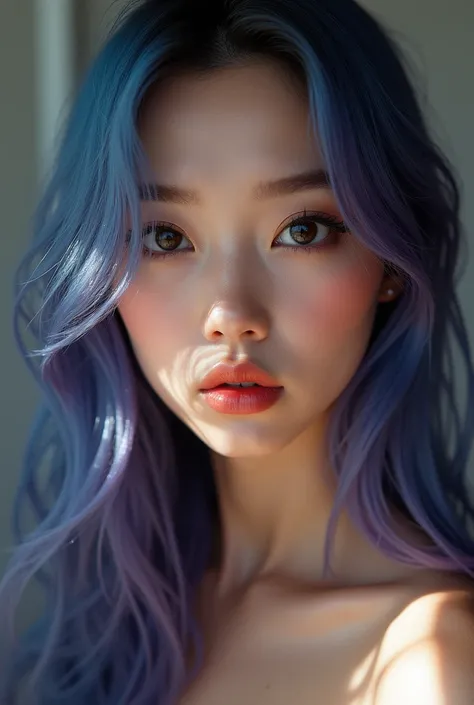 Beautiful  girl, Teenage Girl、Long, blue hair with purple tips, cosmetics, Lipstick advertising shoot, Almond-shaped eyes, Button Nose, Fuller lips, Very exquisite and detailed, Black eyeliner, Plump lips, glossy lips with bright highlights, Big lips, Mois...