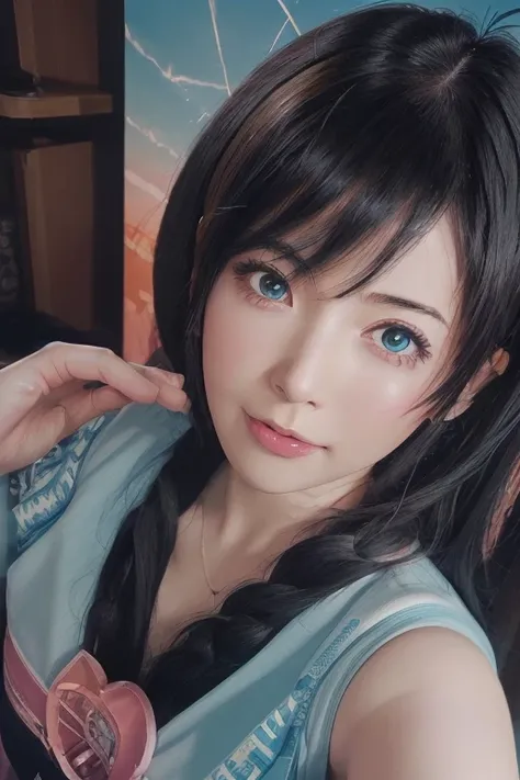 (Realistic, photo-Realistic:1.37), (masterpiece), (Best Quality:1.4), (Ultra-high resolution:1.2),(RAW Photos:1.2), (Sharp focus:1.3), (Photograph the whole body:1.10), Sharp details,Realistic, anime girl with black hair and blue eyes wearing a black top, ...