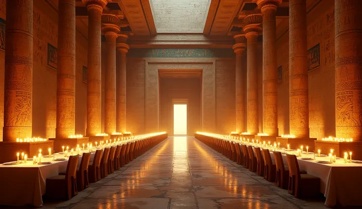 Empty banquet hall during daytime in Egyptian palace in Ancient Egypt. Walls with colorful hieroglyphics from Egypt. Very lit by candles. 8k high resolution image. the same image, but during the day.