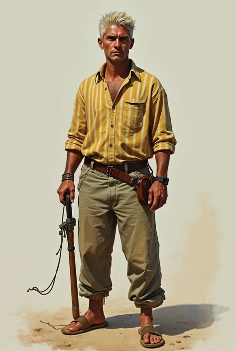 Young man with short spiky platinum hair and tanned skin wearing an old light yellow striped shirt, and fisherman&#39;s pants as high as his shin, realistic image. 