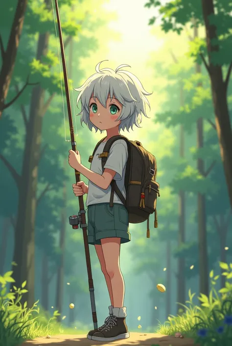 Create an anime-like person with a fishing rod and a backpack, and with short white hair