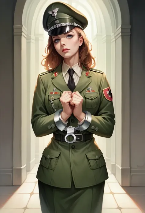 a voluptuous, sensual and curvy nazi general woman in her military uniform, being arrested with handcuffs during World War II, beautiful detailed face and eyes, cinematic lighting, dramatic shadows, highly detailed, photorealistic, 8k, best quality, master...