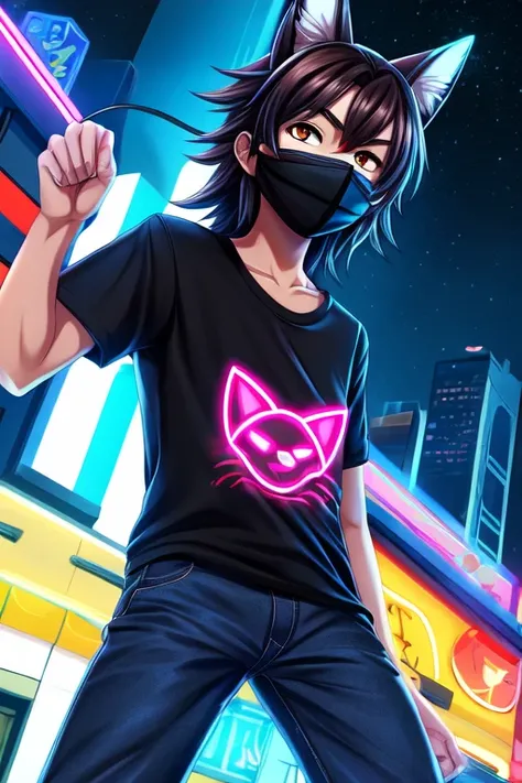 A kitsune boy with a black cat mask with neon blue details, thin with long brown hair, wearing a black t-shirt and dark blue jeans, giving it a more anime style. 