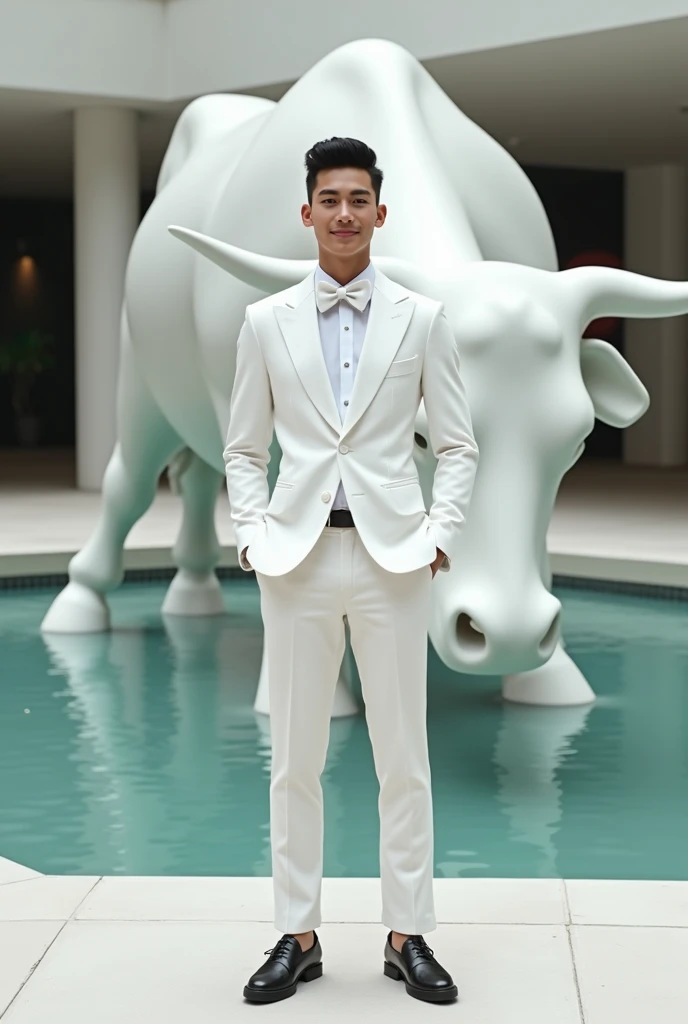 A handsome Indonesian man with a skinny figure aged 17, very short hair, smile, white bow tie suit, putih pants, black shoes, stand, in front of the white cow statue, fountain out, in singapore