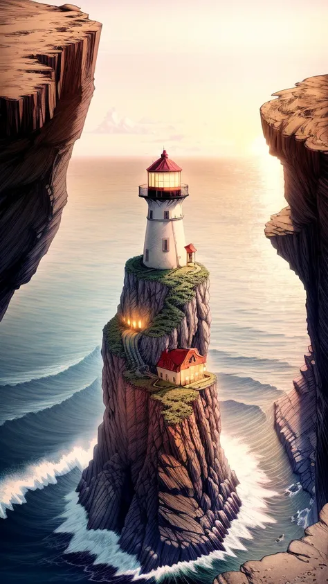 anime-style cozy lighthouse perched on a rocky coastal cliff, with soft waves crashing below and a golden sunset casting a warm glow over the scene. The peaceful atmosphere feels both adventurous and calming.