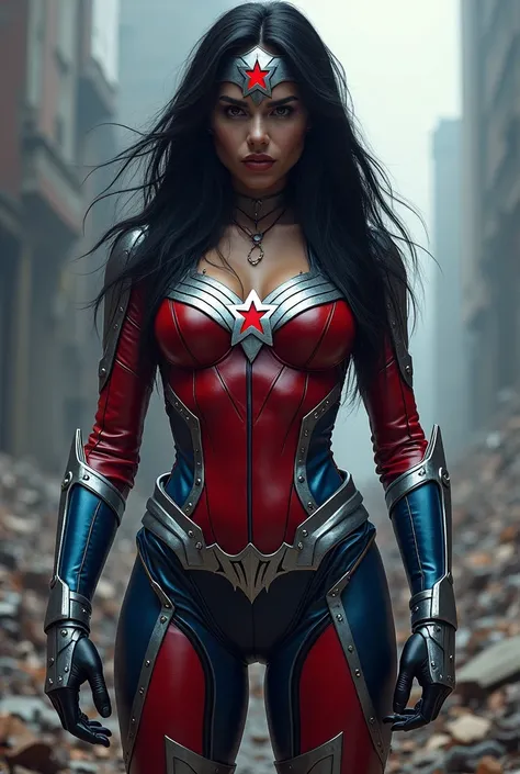 A beautiful woman with long black hair Sue Storm invisible Woman wearing a dark red leather suit combined with dark blue with silver flourescent highlights and silver metal bracelets black gloves (((Blue metal boots reaching up to their knees over an apoca...