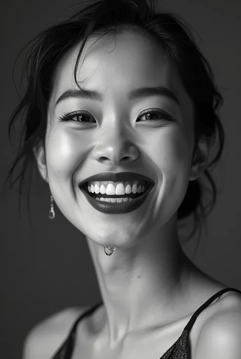 Black and white photo of a beautiful and sexy Thai woman with her mouth open showing her teeth, bright red lips, and a little water dripping from the corners of her mouth.