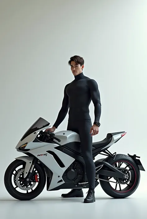 Standing person measuring 185 cm, next to a 790mm NT25 EFI motorcycle