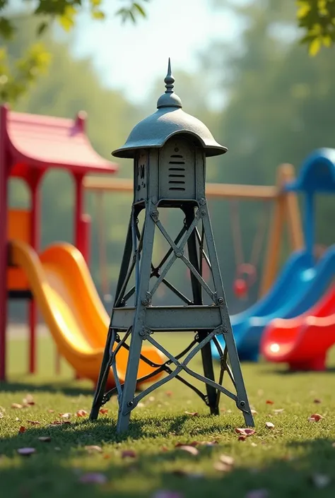 The PlastiMarca logo and the PM initials blend together, showing the viewer a small metal tower with plastic slides and swings in the background..