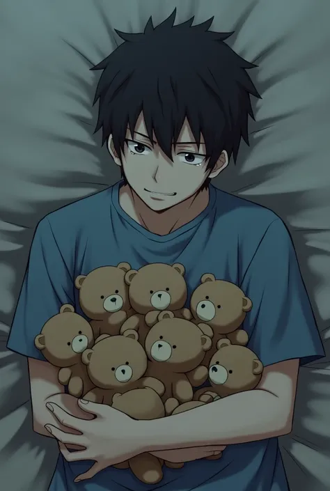 A black-haired, brown-eyed, white-skinned anime man in a blue t-shirt is crying while hugging 9 small Teddy bear.