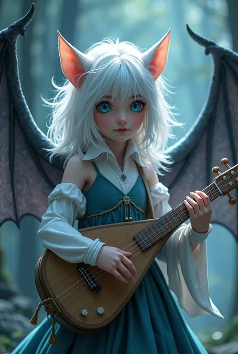 Boy with bat wings, pointy ears, blue cat eyes, medium length white hair and musician