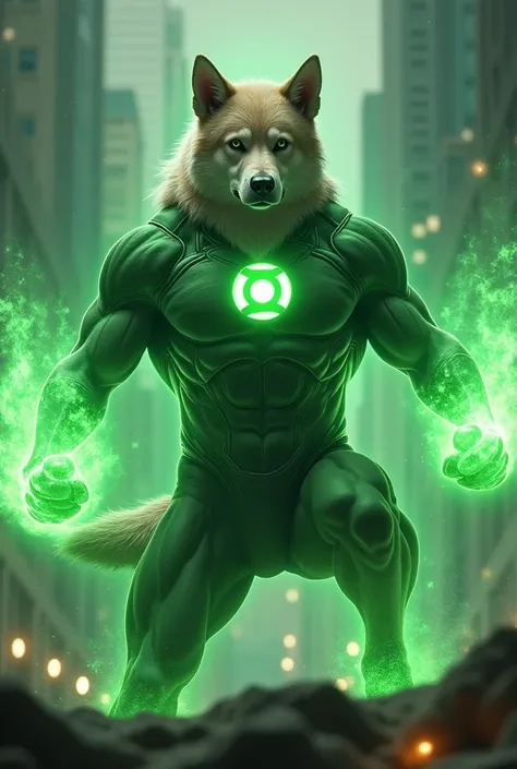 A dog Green Lantern, epic superhero action, detailed muscular dog body, glowing green energy constructs, dynamic heroic pose, cinematic lighting, dramatic shadows, vibrant colors, 8K, high quality, photorealistic, CGI