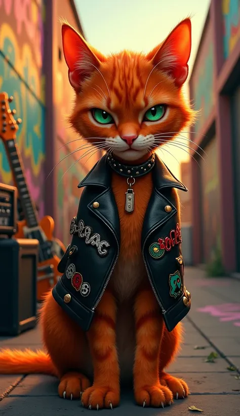 Create an image of a redhead cat with a rock attitude, sitting in an urban environment full of details. The cat should have a bright orange coat., intense green eyes and a small leather collar with spikes. She wears a black leather mini jacket with patches...