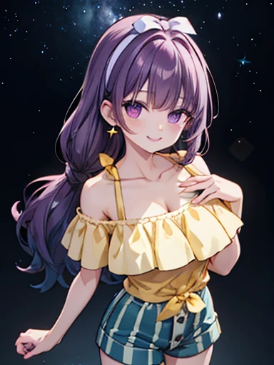 Milky Way People, Purple hair band, Star Earrings, Yellow Shirt, Exposing shoulders, Striped shorts, vertical stripes, 

(Best Quality, High resolution, 4K, Detailed lighting, Shaders), 

smile,
[Huge breasts, 
From above, Above the eyes, throw, 
Looking a...