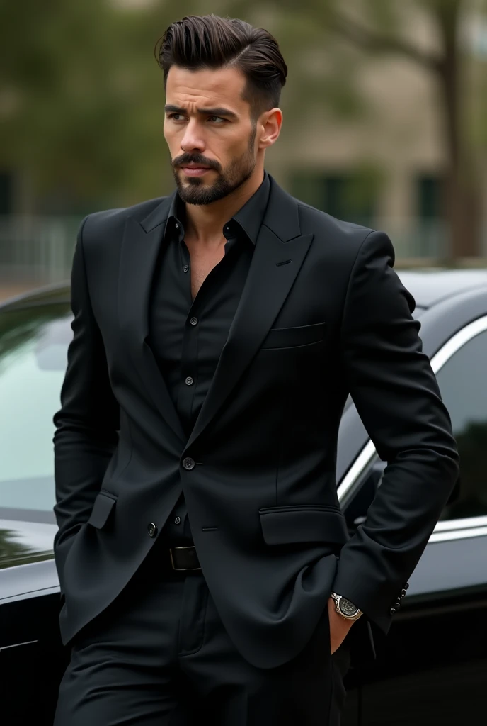 arafed man in a black suit leaning against a car, handsome male, handsome and elegant, sexy masculine, man in black suit, masculine and handsome, handsome and attractive, handsome man, attractive male, wearing causal black suits, black suit, man in black, ...