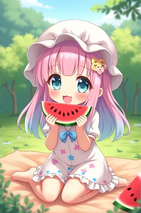 Create a kawaii anime girl eating watermelon