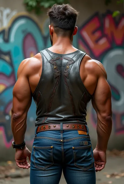 Handsome and muscular man with big pecs., with metallic Captain America print tank top Strong Arms, a pair of blue jeans , with sexy studs, thick belt, strong and muscular legs, large lump,  In the background, wall with street graffiti, Captain America Gre...