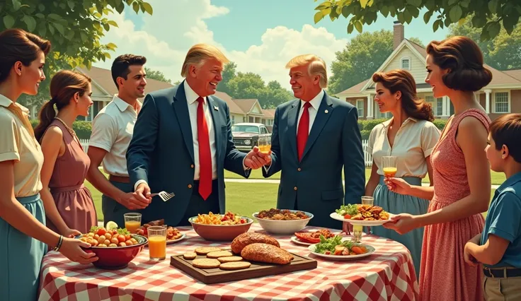 A classic image of a 1950s suburban poster Ad depicting Donald Trump and Melania Trump having a neighborhood Barbecue in a 1950s setting surrounded by their family and the neighborhood families.