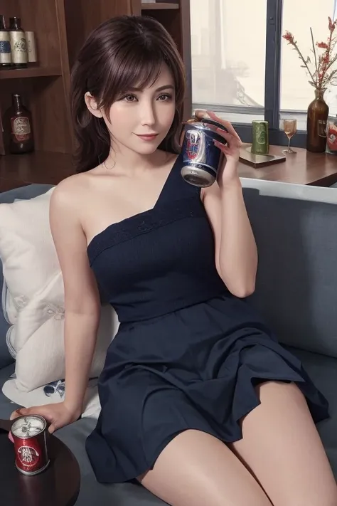 1 career woman, 3, wearing a suit、Hair style: semi-long permanent、Navy blue skirt underneath、With a tired look on his face, he takes out a can of beer from the refrigerator at home and drinks it.、Hold a can of beer in your right hand、Sit deep on the black ...