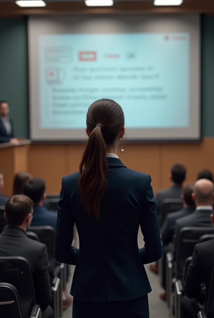 a woman with her back turned giving a lecture in a room with 10 people sitting looking at her