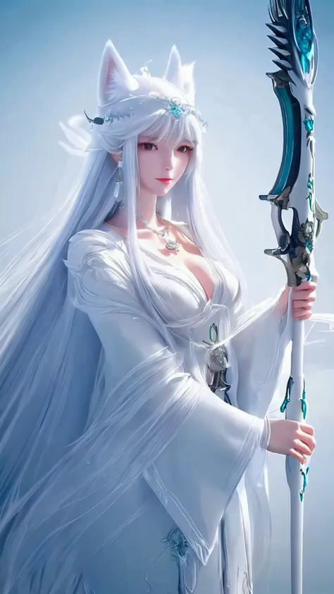 snowfield,a japanese woman,White long hair shawl,mechanical headgear,mechanical earrings,necklace jewelry,Furry wolf ears,Large Breasts,Beautiful figure,Wearing a white mechanical suit,Wearing a white cloak,Holding a long battle ax,Follow the big white wol...